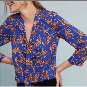 Anthropologie 17 of 52 Conversations Colloquial Neck Tie Blouse 8 leopard print